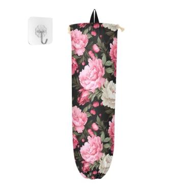 Imagem de Organizador de armazenamento de saco de plástico preto com flor de peônia, suporte de saco de plástico, suporte de plástico para sacolas de supermercado, suporte de parede