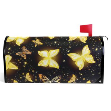 Imagem de TSENQUE Capas de caixa de correio magnéticas decorativas borboletas douradas preto outono caixa de correio vinil à prova de intempéries decoração de caixa de correio de férias tamanho grande 64,5 x