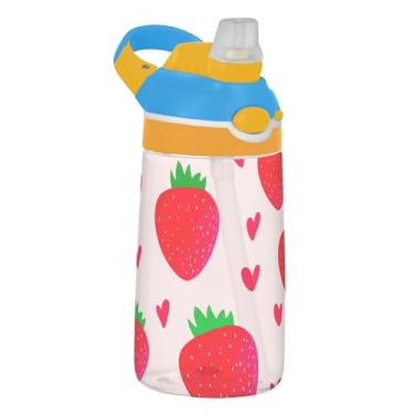Imagem de Garrafa de água infantil Red Strawberries Hearts Pink para escola, 473 ml, 473 ml, garrafa de água esportiva Tritan com canudo, copo infantil à prova de vazamento, reutilizável, alça de transporte
