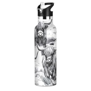Imagem de Garrafas de água de aço inoxidável para meninos de 590 ml com tampa de palha, garrafas de água escolares isoladas de animais Highland Cattle Sketch com alça, copos de viagem infantis sem BPA