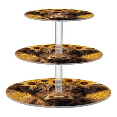 Imagem de Suporte de cupcake para festa de chá de bebê, 3 camadas, para exibição de torre de bolo, fofo, vintage, vaca highland, girassóis, decoração de chá, bandeja de servir, suporte de comida, colorido