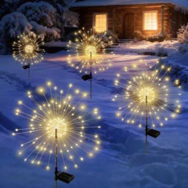 Imagem de SEEWELUMI Luzes solares para decoração de jardim, à prova d'água, pacote com 4 luzes de fogos de artifício para decoração ao ar livre, luzes de fadas 120 LED alimentadas por energia solar para quintal