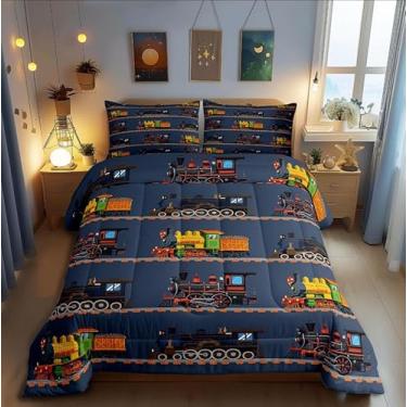 Imagem de Jogo de cama infantil com desenho animado de trem na ferrovia para todas as estações, conjunto de edredom retrô com trem a vapor, 1 fronha