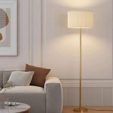 Imagem de Luminária de chão com cúpula em formato de tambor, estilo nórdico minimalista, com revestimento em tecido preto, branco e dourado, em metal polido. Ideal para leitura em ambientes internos,