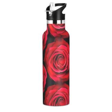 Imagem de Red Roses Garrafa de água infantil floral preta com tampa de palha, garrafas de água isoladas de aço inoxidável, copos infantis à prova de vazamento de parede dupla à prova de vazamento para escola