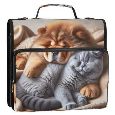 Imagem de Fichário de desenho animado organizador com zíper de 3,8 cm, 3 anéis, resistente, chow chow, gato, portfólio, comporta 500 folhas, bolsa de fichário com alça para escola