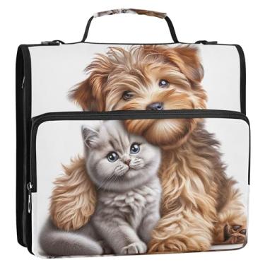 Imagem de Fichário Terrier Dog Cute Kitten Cat com 3 anéis de 3,8 cm anel D com zíper e alça de ombro para escola, vários bolsos, pasta grande para portfólio
