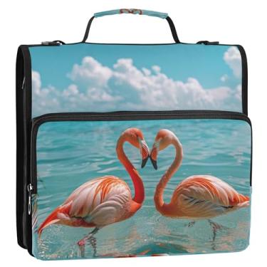 Imagem de Fichários de 3,8 cm, 3 anéis, flamingos, oceano, praia, zíper, fichário, organizador com alça de ombro para escola, pasta colorida de portfólio com alça