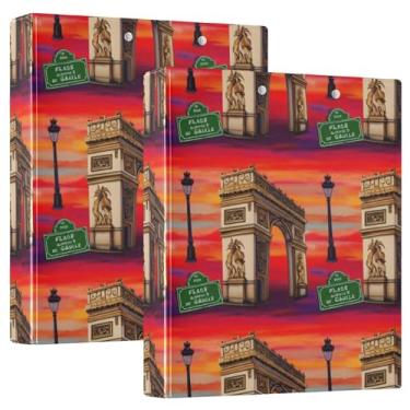 Imagem de Fichários de 3 anéis vermelhos vibrantes personalizados Arc De Triomphe 3,8 cm comporta 200 folhas, anel redondo fofo, fichário resistente, 31,5 x 27 x 6 cm, pacote com 2