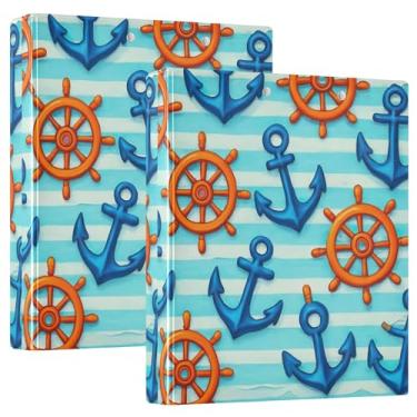 Imagem de 3 fichários de 3 anéis com âncoras azuis personalizadas, 200 folhas, anel redondo fofo, fichário resistente, 31,5 x 27 x 6 cm, pacote com 2