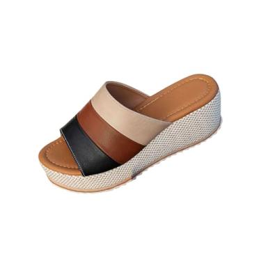 Imagem de Chinelo feminino casual primavera verão confortável combinando cor boca de peixe bico aberto um pé grosso inferior anabela, ideal para uso versátil, Bege, 39