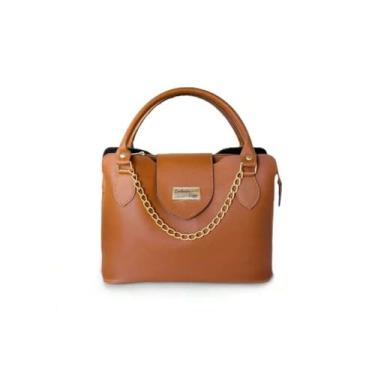 Imagem de Bolsa de Mão Feminina em Couro Sintético, Marrom Caramelo, Alça de Corrente Dourada, Design Elegante