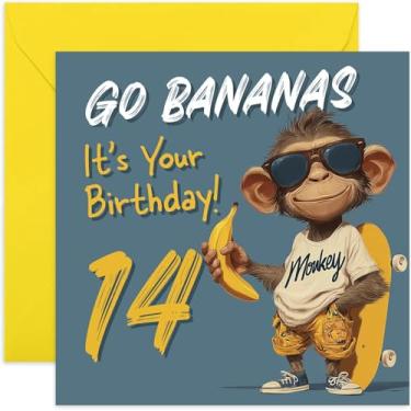 Imagem de Cartão divertido de aniversário de 14 anos para menino adolescente, neto, afilhado, sobrinho, filho 'Go Bananas' Cool Monkey Skateboard Age Design - Cartão quadrado, em branco dentro com envelope