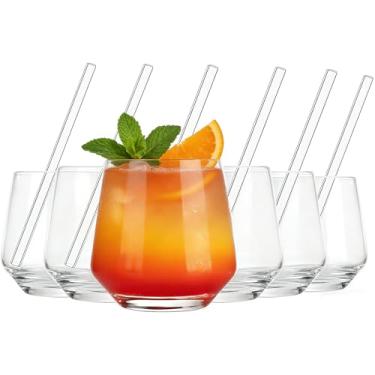 Imagem de ALINK Copos de vidro com nervuras com canudos, conjunto de 6, copos de café gelados vintage canelados, copo de vidro serrilhado para coocktail, uísque, cerveja, água