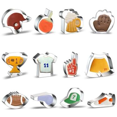 Imagem de Conjunto de cortadores de biscoito com tema esportivo, 12 peças, moldes de fondant para futebol, jersey, shorts, sapatos, apito, capacete, caneca de cerveja, luva, copo de troféu, boné, raquete de