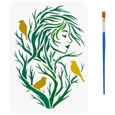 Imagem de FINGERINSPIRE Estêncil de padrão de árvore com pincel 29 x 20 cm, estêncil de pintura de pássaro, ramo, mulher, estêncil, temas humanos, modelo PET para madeira, azulejo, parede, tecido, scrapbook
