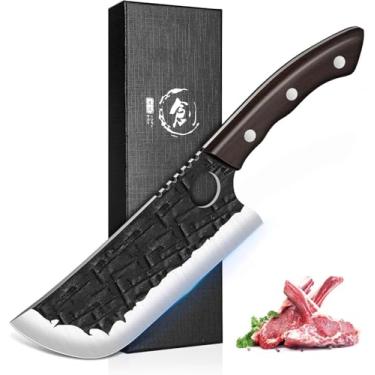 Imagem de TIJERAS Faca de cutelo de carne, facas de açougueiro viking forjadas à mão para corte de carne, faca de chef de cozinha completa para acampamento ao ar livre, churrasco, presentes de aniversário e