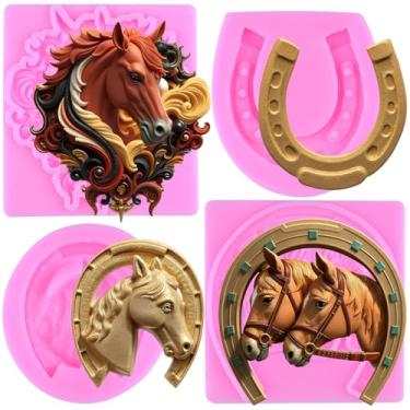 Imagem de MIYAHOUSE Moldes de silicone para fondant de cabeça de cavalo para decoração de bolos, topo de cupcake, pasta de goma de chocolate, argila de polímero, conjunto de 4