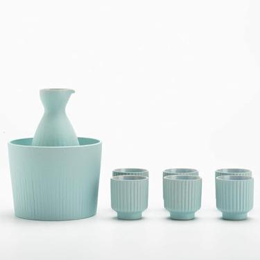 Imagem de CZCZC Conjunto de saquê e copos com aquecedor, kit de bebida de saki quente de porcelana tradicional japonesa, inclui tigela de aquecimento, garrafa de saquê, copos de saquê, azul, com bandeja