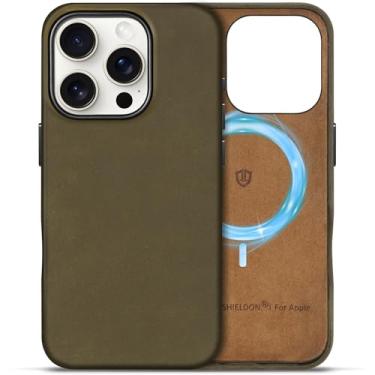 Imagem de SHIELDON Capa para iPhone 16 Pro, compatível com MagSafe, Crazy Horse, couro de grão superior, magnético, carregamento sem fio, absorvente de choque, anti-arranhões, capa antiderrapante com botão de