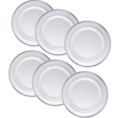 Imagem de Kit 6 Pratos Plástico Resistente 19cm Festas Borda Prata - Yoss