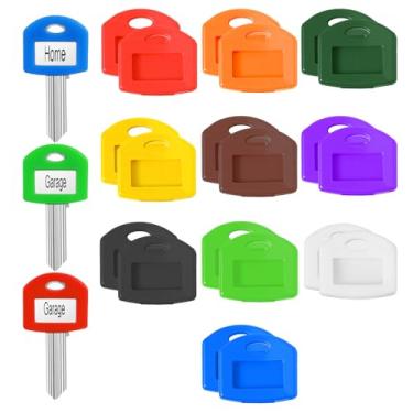 Imagem de 20 capas de chave e kit de etiquetas, etiquetas quadradas coloridas com cartolina e filme transparente, etiquetas de chaves de plástico para fácil identificação, elástico emborrachado, adequado para a