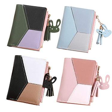 Imagem de Carteira Curta Feminina em Couro PU com Costura Zíper Borla Porta-cartões Porta-moedas Moderna e Fashion Porta-foto Compartimento para Notas Decoração de Coelho