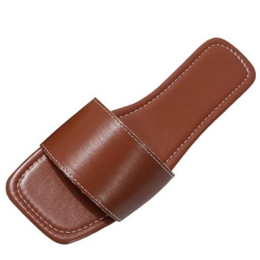 Imagem de Sandálias rasteiras femininas casuais primavera verão praia cor sólida bico quadrado design aberto, Marrom, 39