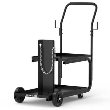 Imagem de YESWELDER Carrinho de solda resistente de perfil baixo para soldador MIG soldador TIG e cortador de plasma, equipamento de corrida maior com rack de cilindro e correntes de segurança de armazenamento