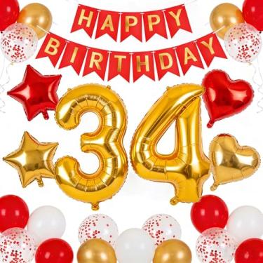 Imagem de Decoração de festa de aniversário de 34 anos, ouro vermelho para homens e mulheres, 81 cm, número grande, 34, coração, estrela, balões de látex, balões de confetes, suprimentos para homens, ele, ela