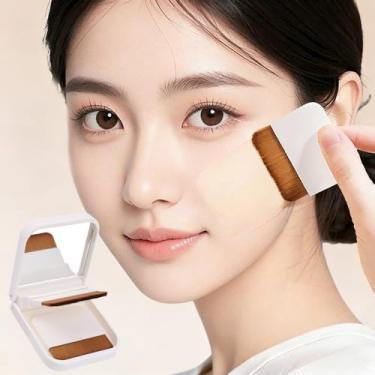 Imagem de 2 pincéis de base ultrafinos de cabeça plana com caixa de espelho, conjunto de pincéis de maquiagem femininos, branco, 6,3 x 6 x 1,7 cm