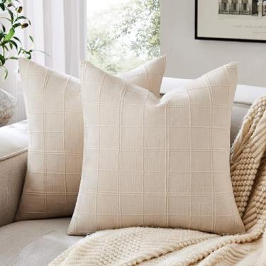 Imagem de ZeeMart Conjunto de 2 capas de almofada xadrez de linho, 40,6 x 40,6 cm em toda a grade bege, fronhas decorativas de casa de fazenda bordadas em grade dupla face capas de almofada de linho de algodão