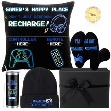 Imagem de Sieral 6 peças de presentes gamer para homens adolescentes incluem 590 g isolado gorro meias 45 x 45 fronhas moeda com caixa de presente para amantes de jogos, pai, namorado adolescente, aniversário