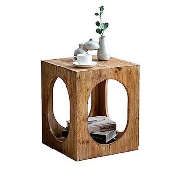 Imagem de Mesa de canto quadrada moderna de fazenda, mesa lateral rústica com prateleira de armazenamento, mesa de centro para família, sala de jantar ou sala de estar, espaços pequenos, moderna, vintage de