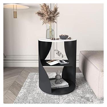 Imagem de Mesa de centro de metal com mesa de pedra sinterizada, mesa lateral redonda moderna com prateleiras de armazenamento, mesa de canto de tambor de 3 andares, mesa de centro para sala de estar e quarto