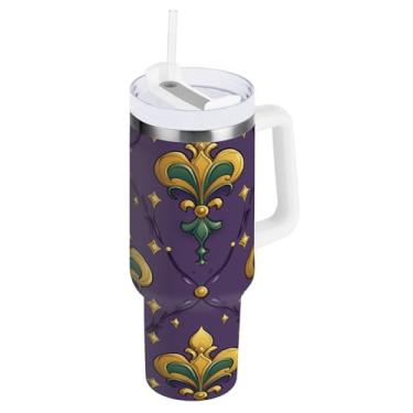 Imagem de Blueangle Copo isolado para Mardi Gras de 1,134 g com alça e tampa de palha, caneca de viagem reutilizável de aço inoxidável (65)