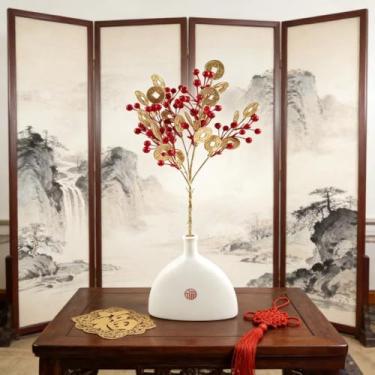 Imagem de KYMY Ramo artificial de baga de ano novo lunar chinês e vietnamita – 2026 caules de bagas vermelhas de azevinho com moedas douradas da sorte, palitos florais para festivais de primavera de 60 cm para