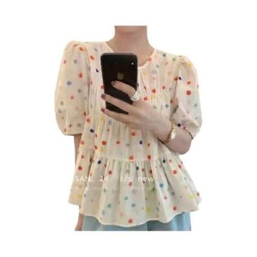 Imagem de Blusa Feminina Casual Solta De Manga Curta Com Estampa De Bolinhas Ele