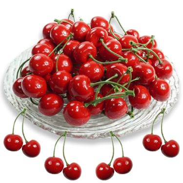 Imagem de Bairdish 30 peças de cerejas artificiais, cereja falsa a granel de frutas falsas, enfeite realista de cereja para decoração de casa, cozinha, festa, mesa, centro de mesa, suporte de exibição de