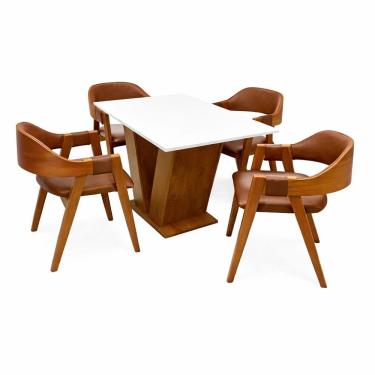 Imagem de Mesa de Jantar Classic 120x80cm com Vidro e 4 Cadeiras Perola em Corino Madeira Cel Móveis Cor Cinamomo Off White com Tecido Marrom