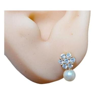 Imagem de Brinco Zirconia Flor Pérola Infantil Dama Daminha Banhado - De Castro 