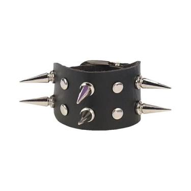 Imagem de Pulseira De Couro PU Preta Feminina Com Rebites Pontiagudos Estilo Pun