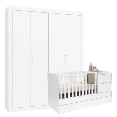 Imagem de Berço Multifuncional Formare e Guarda Roupa Tutto New 4 Portas Branco Acetinado - Matic