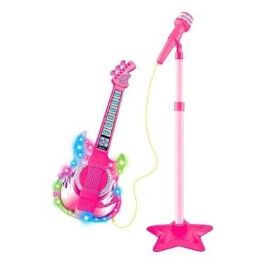 Imagem de Guitarra E Microfone Infantil Rosa Com Som E Luz Meninas - DM Toys