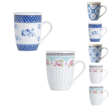 Imagem de Kit 2 caneca porcelana branca tampa filtro xicara infusor para cha cor