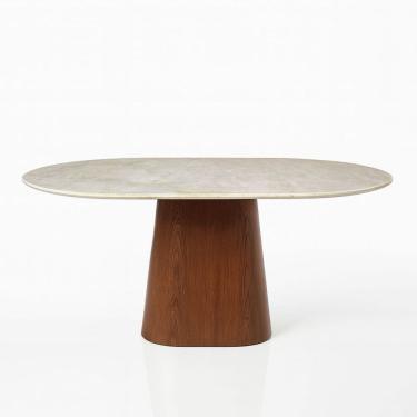 Imagem de Mesa de Jantar Cone Oblongo 180x100 cm Tampo Mármore Quartzito Taj Mahal e Base Nogueira