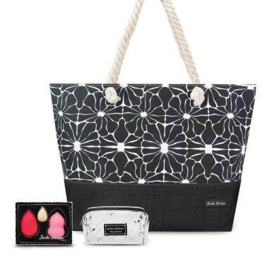 Imagem de Kit Bolsa De Praia, Necessaire Transparente, Trio De Esponjas Preto - 
