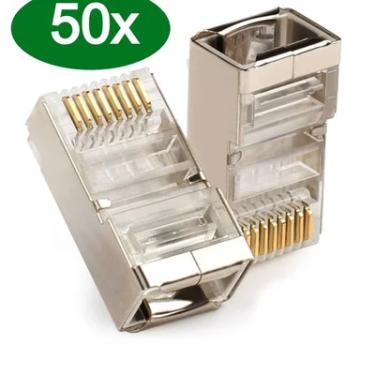 Imagem de 50x Conector Rj45 Cat5e Blindado Macho Plug Rede Gigabit Lan