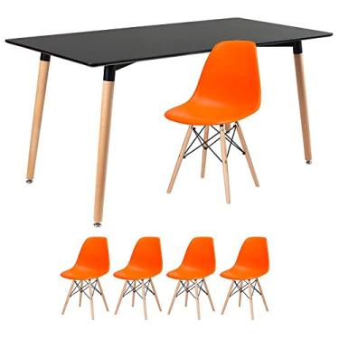 Imagem de Loft7, Kit - Mesa de jantar retangular Eames 80 x 160 cm preto + 4 cadeiras Eiffel Dsw Laranja