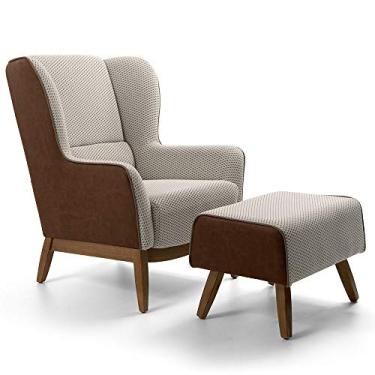 Imagem de Poltrona Decorativa Milena D02 com Puff Viseo Fixa Base Jacar Algodão Creme Marrom B-208 - Lyam Decor